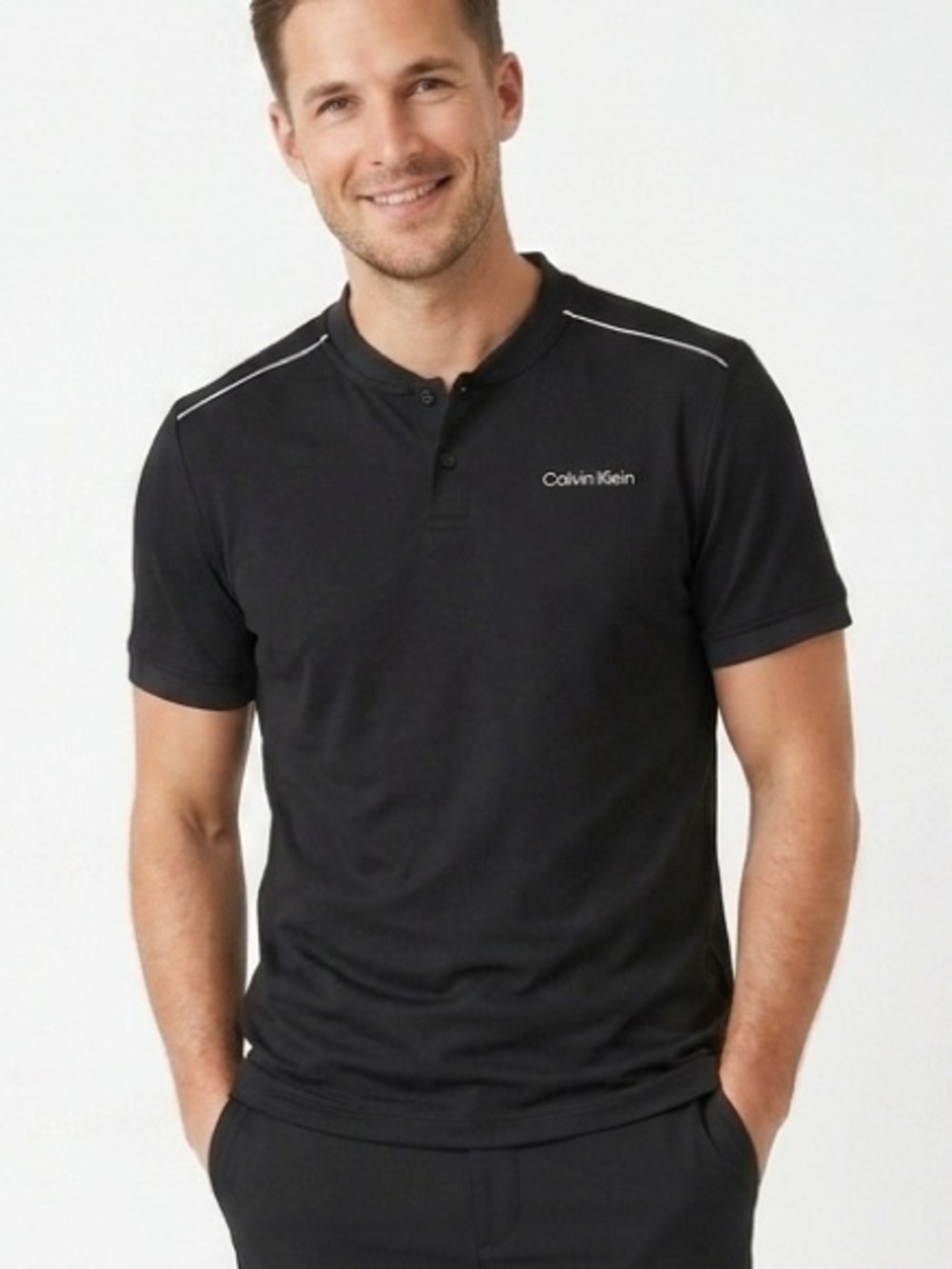 Calvin Klein Men’s Black Henley Polo T-Shirt White Trim Logo Small - 565